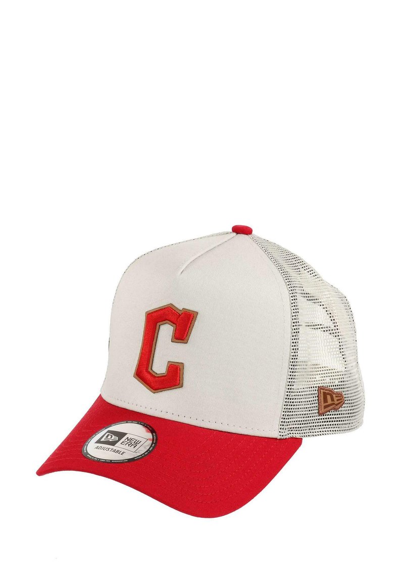 Red and white cap with a solid red brim, a prominent embroidered letter 'C' in gold on the front, and mesh side panels for breathability.