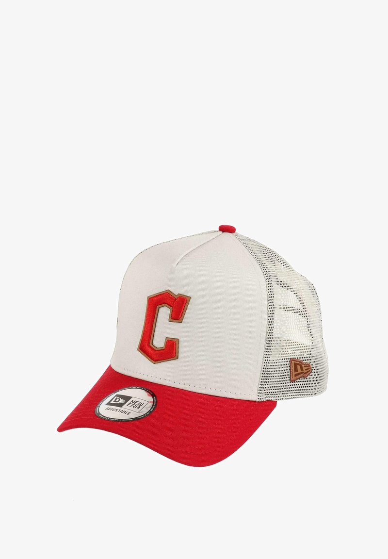 Red and white cap with a solid red brim, a prominent embroidered letter 'C' in gold on the front, and mesh side panels for breathability.