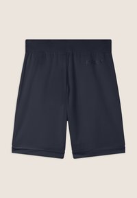 Shorts sportivi navy con vita elastica, texture liscia e logo "FREDDY" ricamato sul retro, caratterizzati da un taglio dritto e senza tasche.