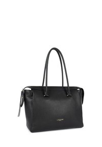 Zwarte leren totebag met een gestructureerd ontwerp, voorzien van twee handvatten, gouden hardware accenten en een textuur oppervlak.