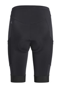 Cuissard de cyclisme noir rembourré avec une large ceinture et des bandes anti-glisse aux jambes, vu de dos.