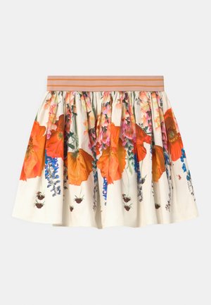 Blumiger Rock mit orangefarbenen Mohnblumen und blauen Akzenten. Verfügt über ein gerafftes Design, leichtes Material und einen kontrastierenden orange gestreiften Bund.
