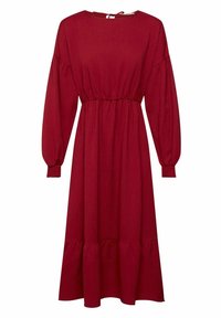 Robe rouge à manches longues avec un col rond, une taille cintrée et un ourlet en volants. Tissu doux avec une texture subtile, dotée de poignets élastiques.