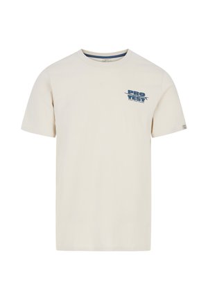 Helle Creme Baumwoll-T-Shirt mit rundem Ausschnitt, kurzen Ärmeln und blauem "PRO TEST"-Grafikprint auf der linken Brust. Weicher Stoff, lässige Passform.