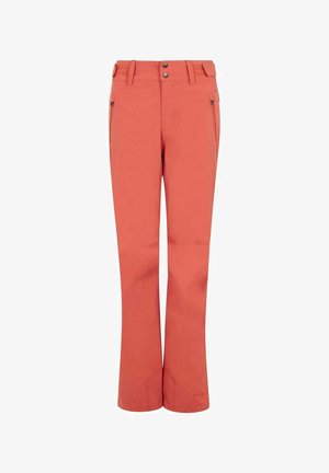 Outdoor-Hosen in Korallenfarbe, aus strapazierfähigem Stoff. Merkmale sind der flache Bund, zwei Fronttaschen und ein leichter Schlag am Saum.