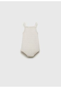 Body bej deschis, tricotat, cu bretele subțiri, textură canelată și formă ajustată. Design minimalist cu dungi subtile.