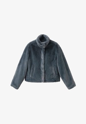 Czarna szara pluszowa kurtka z futra syntetycznego z wysokim kołnierzem i przednimi kieszeniami, długimi rękawami oraz ukrytą zapięciem z przodu.