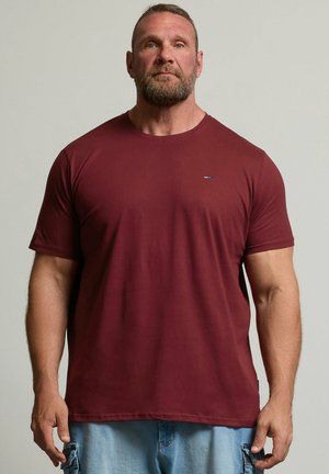 Uomo barbuto in piedi, con una semplice maglietta bordeaux e pantaloni in denim azzurri, rivolto in avanti su uno sfondo neutro.
