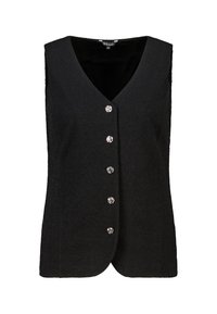 Gilet noir à encolure en V, confectionné dans un tissu texturé. Présente six boutons décoratifs sur le devant, apportant un intérêt visuel.