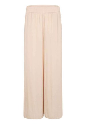 Pantalones beige de pierna ancha con cintura elástica, hechos de tela ligera, mostrados planos sobre fondo blanco.