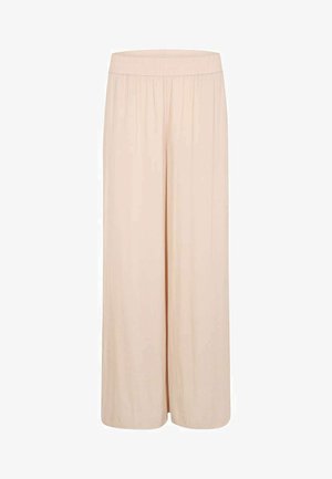 Pantalon beige à jambes larges avec taille élastique, en tissu léger, présenté à plat sur fond blanc.