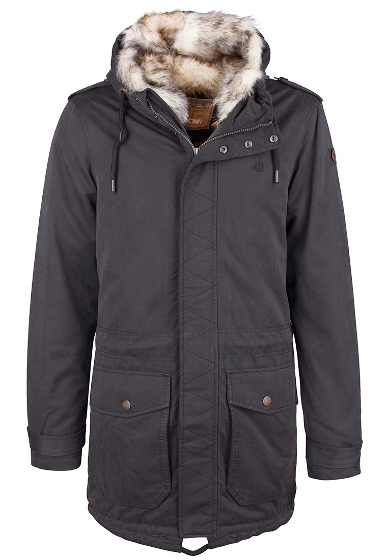 Lång svart parka-jacka med huva klädd i konstpäls, två framfickor, tryckknappar och dragsko i midjan. Har en texturerad, matt yta.