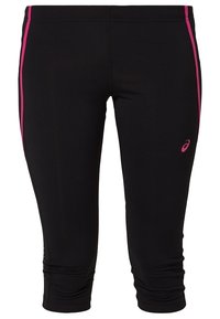 Black capri leggings made from stretchy material, featuring pink side stripes and a small logo on the lower leg. Smooth texture and fitted design.