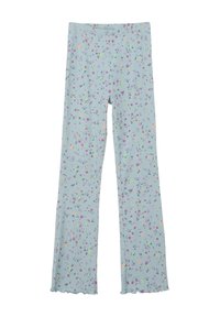 Lichtblauwe geribde broek met een bloemenpatroon in roze, geel en groen. Heeft een uitlopende pijp en een golvende zoom aan de onderkant.
