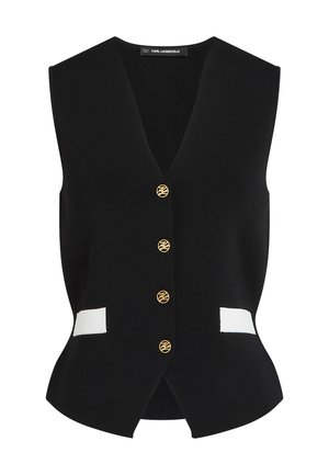 Black knitted vest with a V-neck, featuring five gold buttons and white accents on the front pockets. Smooth texture and fitted design.