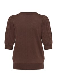 Pull court marron en maille avec manches bouffantes côtelées et ourlet côtelé, montré de dos sur fond blanc.
