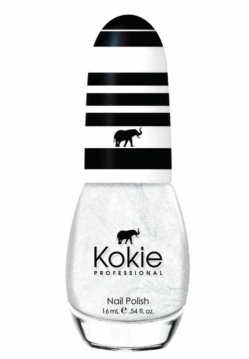 Kokie ammattimainen kynsilakka kirkkaassa, kimaltelevassa koostumuksessa. Pullossa on pyöreä musta-valkoinen raitakorkki, jossa on norsugrafiikka. 16 ml.