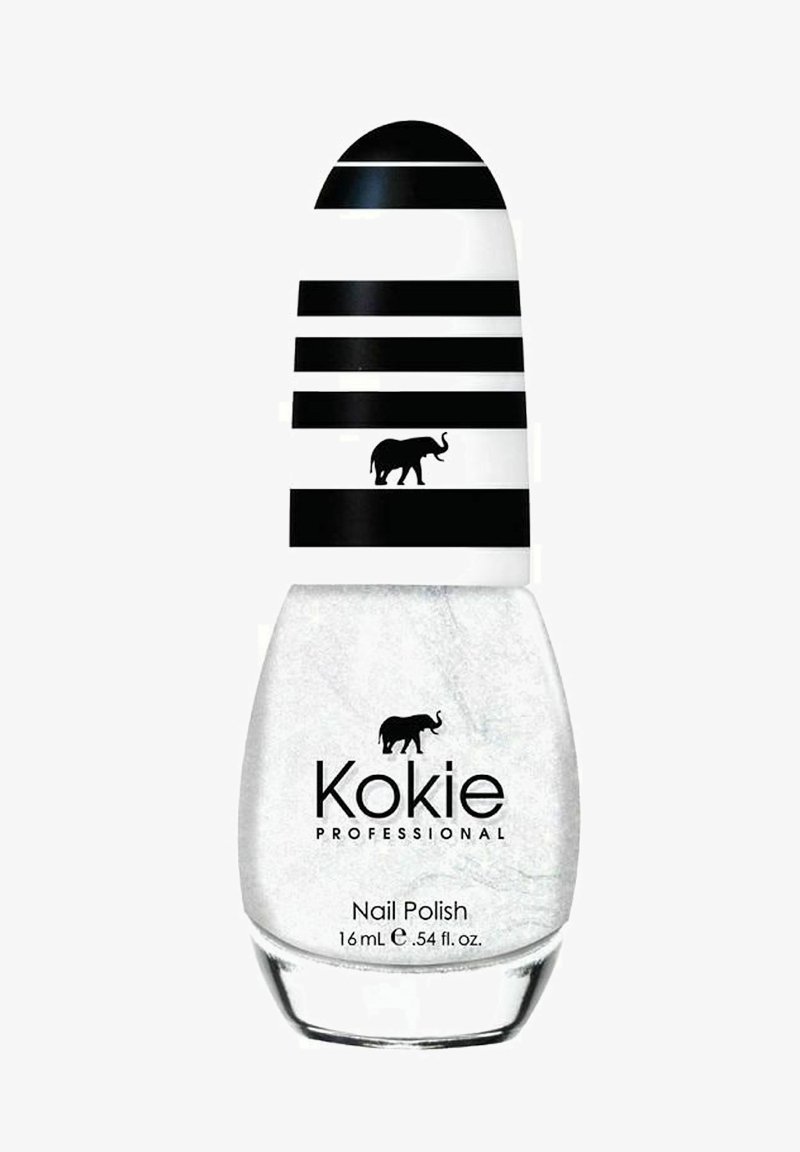 Kokie ammattimainen kynsilakka kirkkaassa, kimaltelevassa koostumuksessa. Pullossa on pyöreä musta-valkoinen raitakorkki, jossa on norsugrafiikka. 16 ml.