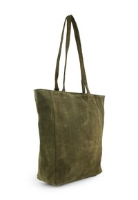 Olivgrüner Wildleder-Shopper mit zwei langen Griffen, rechteckiger Form, glatter Textur und einer Außentasche.