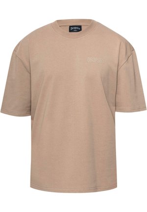 Beige cotton t-shirt, loose fit, crew neck, short sleeves. Features subtle "DROPSIZE" logo in matching color on the front.