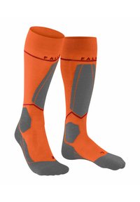 Pomarańczowe skarpetki do kolan z szarymi sześciokątnymi akcentami i czerwonymi szwami. Gładka tekstura, zaprojektowane z myślą o komforcie i dopasowaniu podczas aktywnego użytkowania.