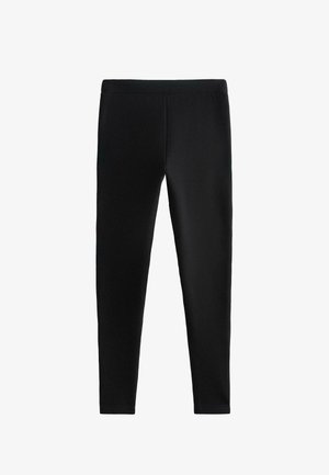 Leggings neri realizzati in tessuto elastico e morbido. Hanno un design aderente con vita alta e senza cuciture o motivi visibili.