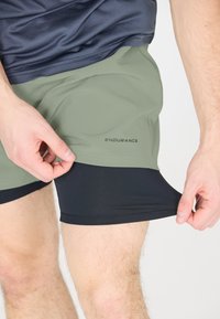 Herrsportshorts i olivgrön med svart foder. Har en slät textur med "ENDURANCE"-logga nära fållen.