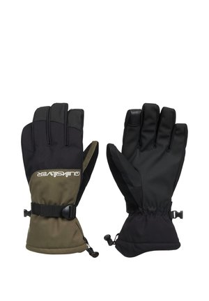 Pair of insulated outdoor gloves with adjustable wrist straps, one glove showing palm side and the other showing back with brand logo.