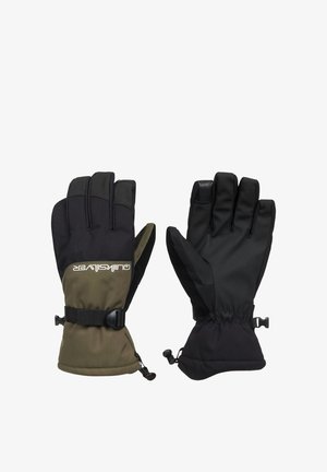 Pair of insulated outdoor gloves with adjustable wrist straps, one glove showing palm side and the other showing back with brand logo.