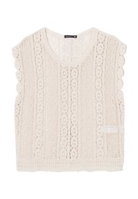 Lace haak top in crèmekleur met een scalloped zoom, korte mouwen en een ronde halslijn met een lichte V-uitsnijding aan de achterkant.