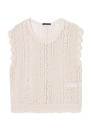 Haut en dentelle crochet de couleur crème avec un ourlet festonné, des manches courtes et un col rond avec une légère découpe en V à l'arrière.