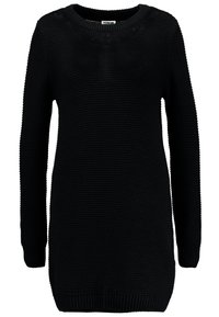 Maglioncino nero a maglia con scollatura rotonda, maniche lunghe e orlo a coste. La texture è spessa, offrendo calore e comfort.