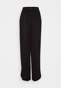 Black wide-leg trousers with a smooth, lightweight fabric and an elastic waistband. Features a straight cut and slightly flared hems.
