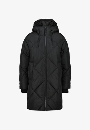 Black padded jacket with a quilted diamond pattern, a zip front, adjustable hood, and ribbed cuffs. Made from a smooth, shiny fabric.