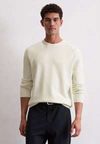 Mann mit kurzem, lockigem Haar, der einen cremefarbenen Strickpullover und schwarze Hosen trägt, steht vor einem schlichten weißen Hintergrund.