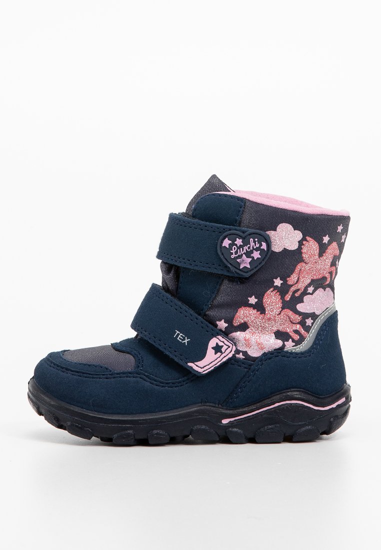 Kindernavyblaue Winterstiefel mit pinkem Futter, zwei Klettverschlüssen, glitzernden Einhorn- und Sternmotiven sowie einer robusten schwarzen Sohle.