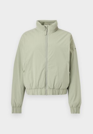 Lichtgroene zip-up jas met hoge kraag, elastische tailleband en manchetten, weergegeven op een witte achtergrond.