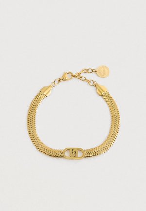 Bracciale in oro con chiusura regolabile, dotato di un centrale ovale con iniziali stilizzate e un ciondolo rotondo con il marchio.