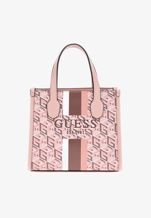 Różowa torebka z wzorem i usztywnionym fasonem, z logo, brązowo-białymi paskami i podwójnymi uchwytami. Gładka faktura.