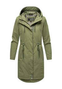 Longue parka kaki à capuche avec fermeture éclair frontale, boutons-pression, cordons de taille réglables et poches latérales.