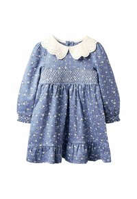 Blaues Kleid mit weißem Blumenmuster, langen Ärmeln, mit Spitze besetztem Kragen, gerafftem Oberteil und Rüschensaum. Aus Baumwollmaterial mit strukturiertem Finish.