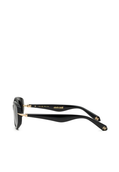 Lunettes de soleil rectangulaires noires avec des branches épaisses, des accents dorés et le nom de la marque imprimé sur la branche latérale.