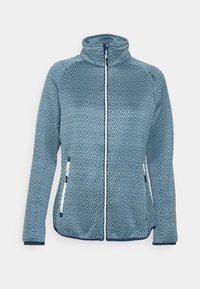 Blue patterned fleece jacket with diamond design, stand-up collar, full zip front, and side pockets with white zippers.