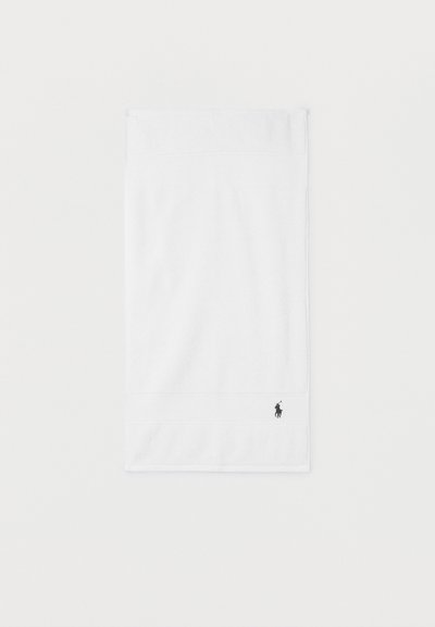 White cotton hand towel with a small black polo player logo embroidered near the bottom edge.
