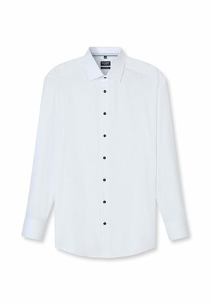 Weißes Hemd mit langem Arm, schwarzen Knöpfen und klassischem Kragen, flach auf einem weißen Hintergrund liegend.