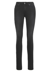 Jeans ajustados negros de mezclilla, con un diseño clásico de cinco bolsillos, cierre de cremallera y un acabado suave con un detalle de costura mínimo.