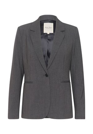 Šedý blazer vyrobený z texturované tkaniny, se zapínáním na jeden knoflík, vroubkovanými klopami a dvěma předními kapsami. Podšívka v tmavé barvě.