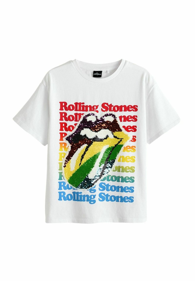 Valkoinen puuvillapaita, jossa on Rolling Stones -logo värikkäistä paljeteista. Teksti "Rolling Stones" näkyy punaisena, sinisenä, keltaisena ja vihreänä.