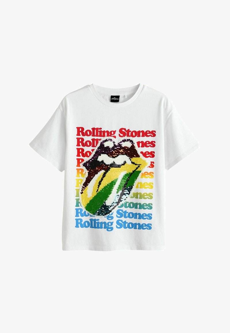 White cotton t-shirt featuring the Rolling Stones logo in colorful sequins. Text "Rolling Stones" appears in red, blue, yellow, and green.