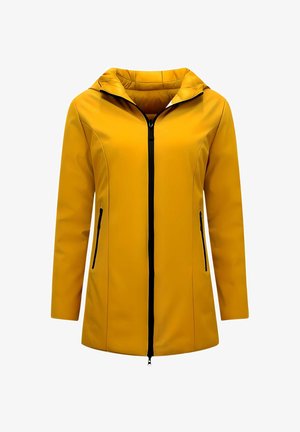 Gele waterdichte jas met capuchon, voorzien van een rits aan de voorkant en twee zijzakken met rits. Gladde textuur en verstelbare pasvorm.